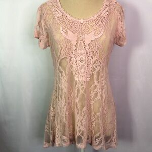 Lovely 153 Boho Pink Short Sleeve Lace Peplum Top    Size M
